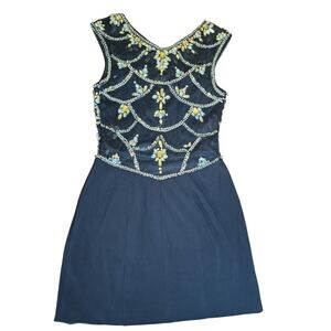 Let's Fashion Beaded Rhinestone Mini Dress Black Mesh Cutout Y2K Homecoming - S
